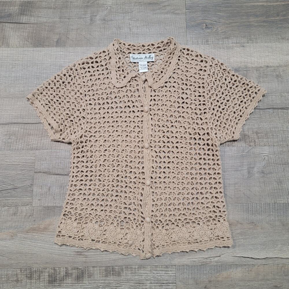 Victoria Holley Vintage Open Knit Cottagecore Peasant Collar Top Size Large